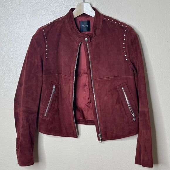 Theory Jacket Women's Large Burgundy Suede Leather Moto Studded Full Zip Pockets - Picture 1 of 12